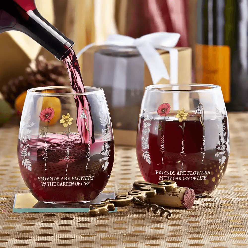 Birth Flower Grow An Old Friend Bestie - Personalized Stemless Wine Glass - WePrint