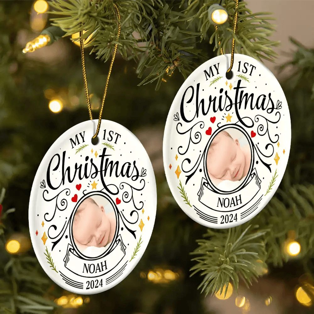 Custom Photo Baby First Christmas Parents - Personalized Circle Ceramic Ornament - WePrint