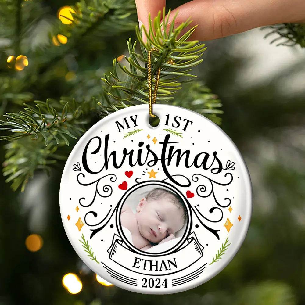 Custom Photo Baby First Christmas Parents - Personalized Circle Ceramic Ornament - WePrint