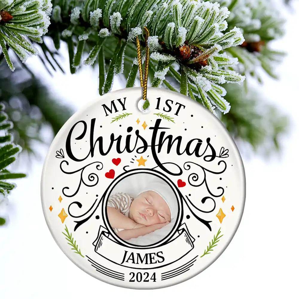Custom Photo Baby First Christmas Parents - Personalized Circle Ceramic Ornament - WePrint