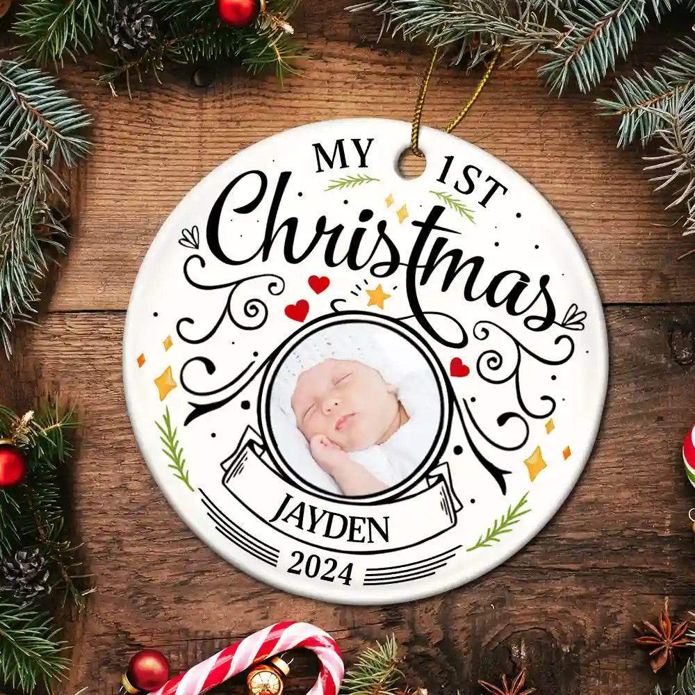 Custom Photo Baby First Christmas Parents - Personalized Circle Ceramic Ornament - WePrint