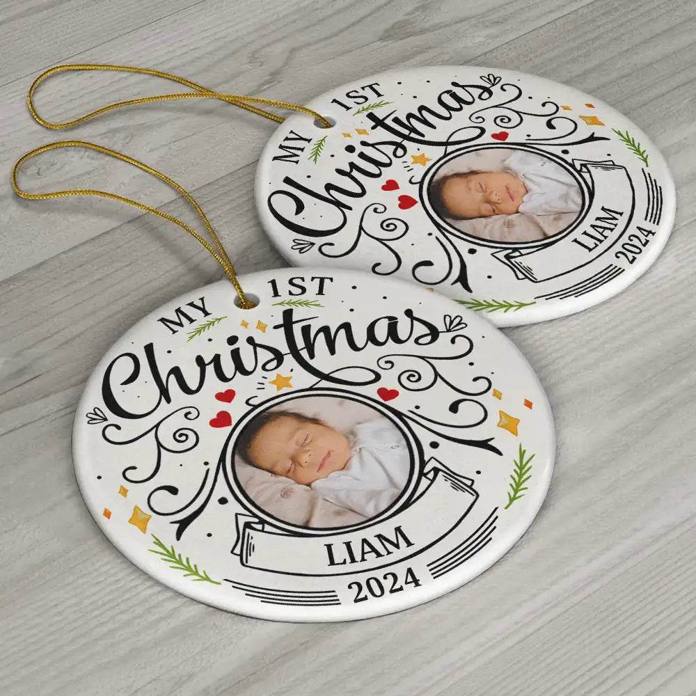 Custom Photo Baby First Christmas Parents - Personalized Circle Ceramic Ornament - WePrint