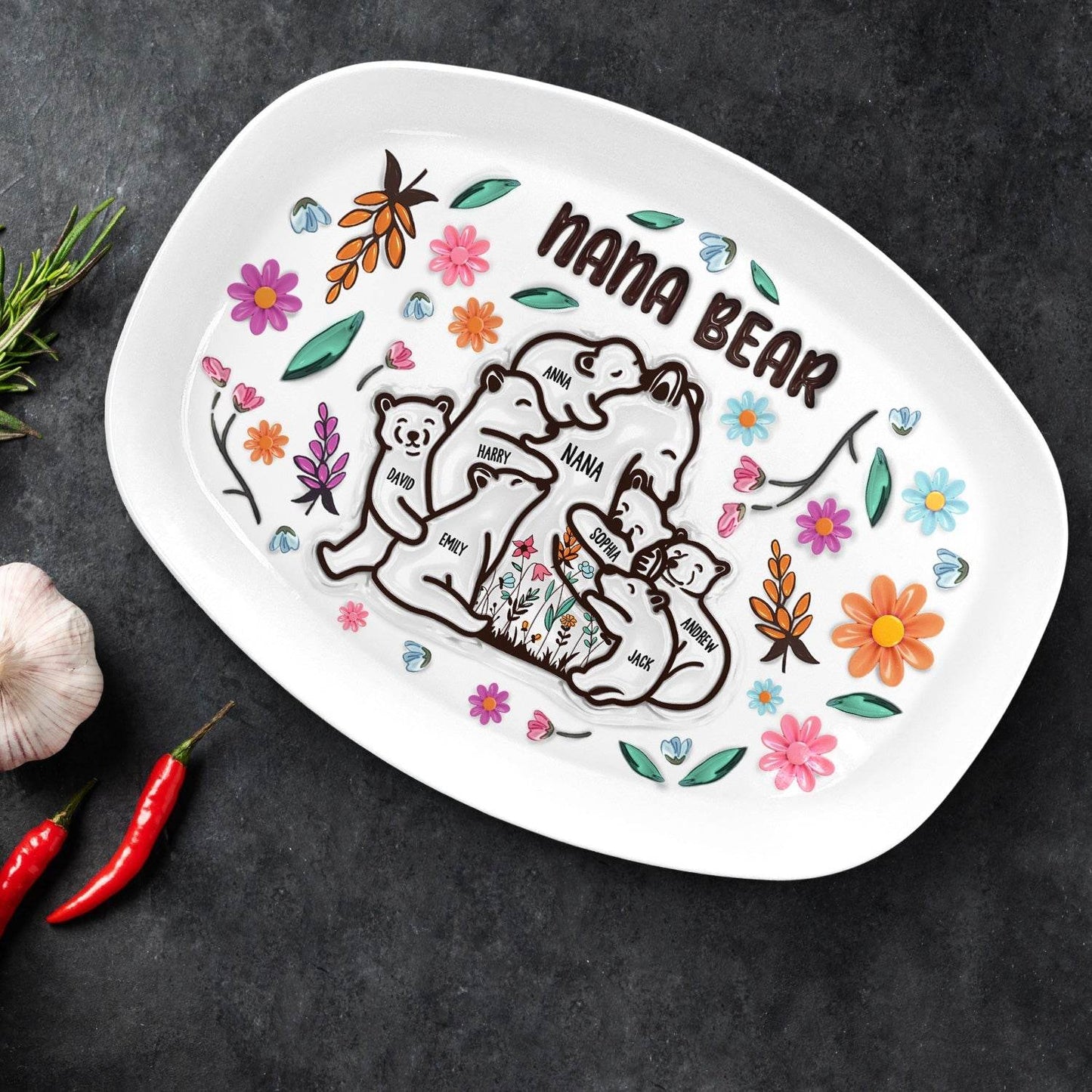 Mama Bear Floral Style - Birthday, Loving Gift For Mom, Mother, Grandma, Grandmother - 3D Inflated Effect Printed Personalized Plate - WePrint