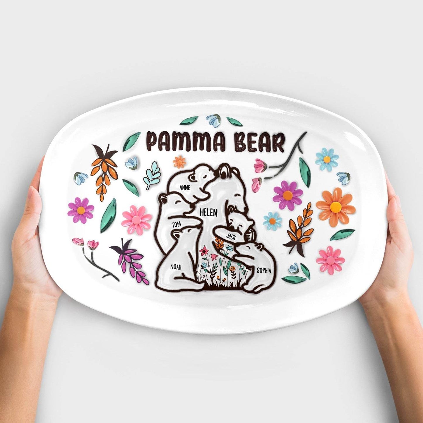 Mama Bear Floral Style - Birthday, Loving Gift For Mom, Mother, Grandma, Grandmother - 3D Inflated Effect Printed Personalized Plate - WePrint