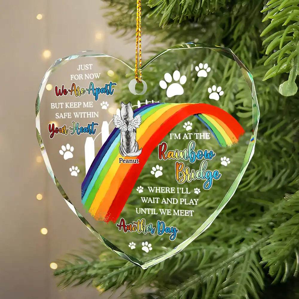 Dog Cat Memorial We'll Wait And Play At The Rainbow Bridge - Personalized Heart Shaped Glass Ornament - WePrint