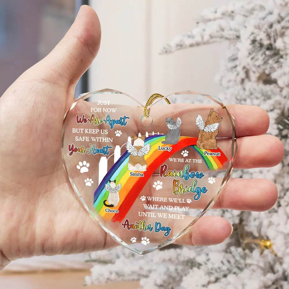 Dog Cat Memorial We'll Wait And Play At The Rainbow Bridge - Personalized Heart Shaped Glass Ornament - WePrint