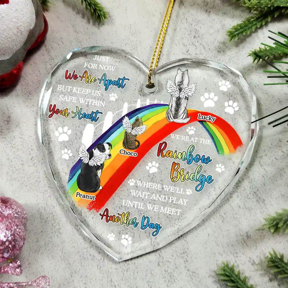 Dog Cat Memorial We'll Wait And Play At The Rainbow Bridge - Personalized Heart Shaped Glass Ornament - WePrint