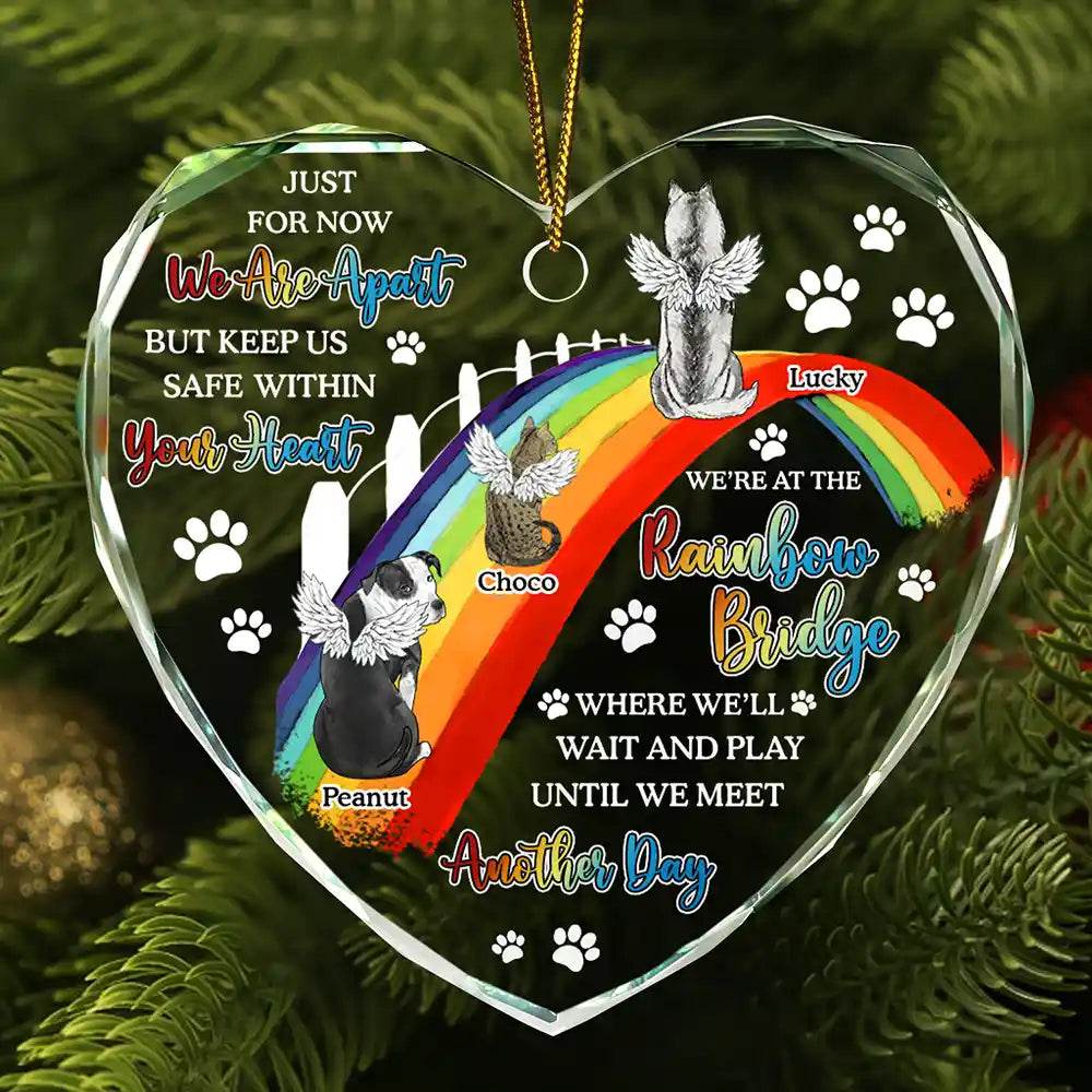 Dog Cat Memorial We'll Wait And Play At The Rainbow Bridge - Personalized Heart Shaped Glass Ornament - WePrint