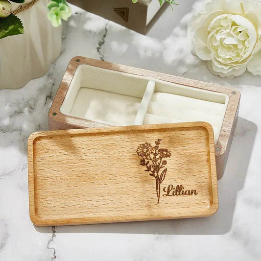 Personalised Birth Flower Jewellery Box Custom Name Jewellery Organizer Gift for Her - WePrint