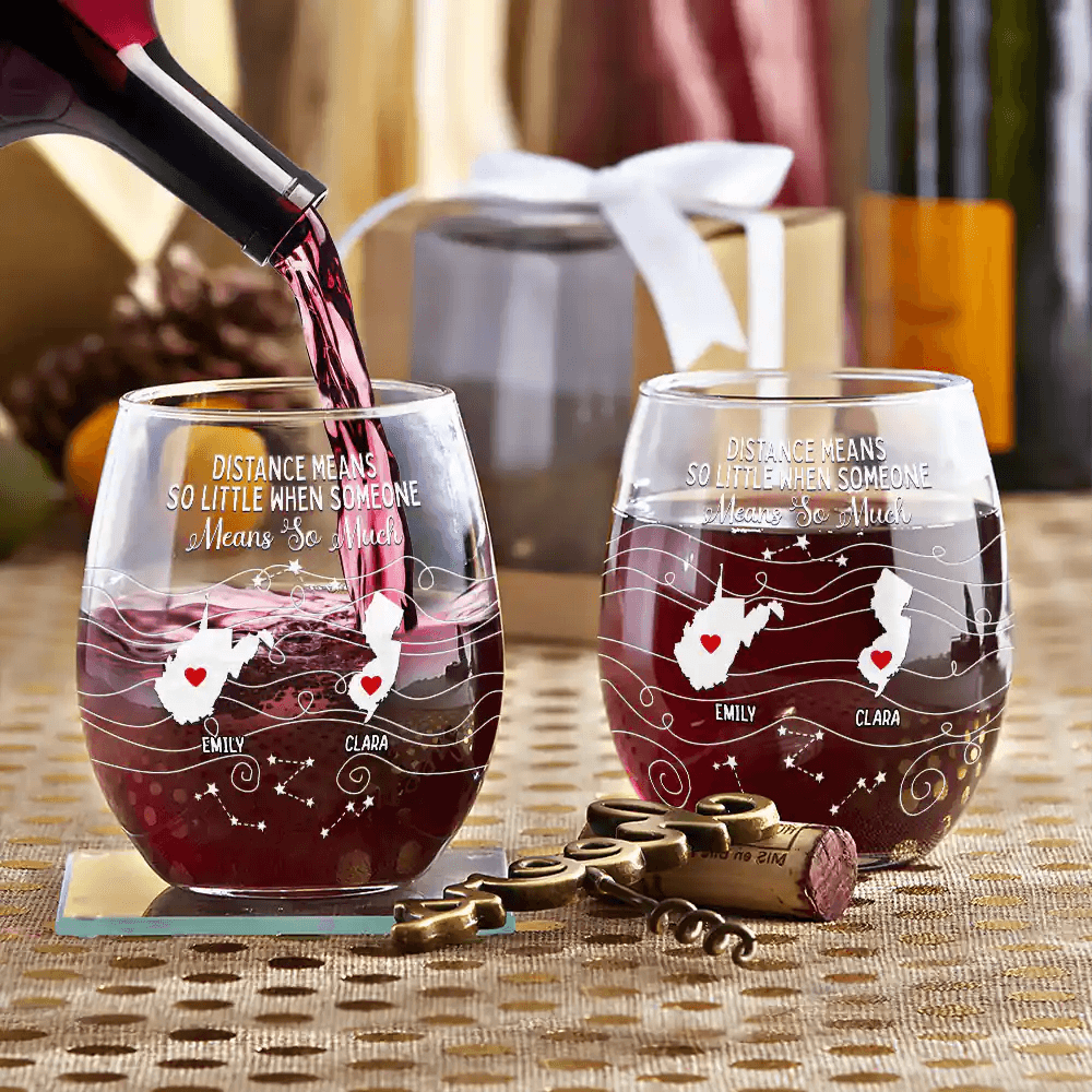 Long Distance Family Bestie Never Too Far To Drink - Personalized Stemless Wine Glass - WePrint