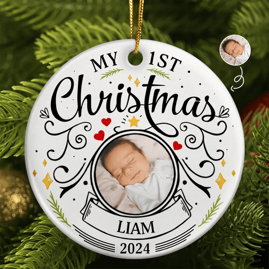 Custom Photo Baby First Christmas Parents - Personalized Circle Ceramic Ornament - WePrint