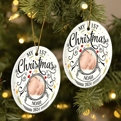 Custom Photo Baby First Christmas Parents - Personalized Circle Ceramic Ornament - WePrint