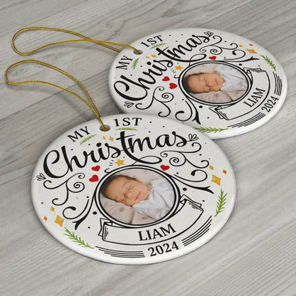Custom Photo Baby First Christmas Parents - Personalized Circle Ceramic Ornament - WePrint