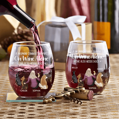 A Woman Cannot Survive On Wine Alone Dog Mom - Personalized Stemless Wine Glass - WePrint