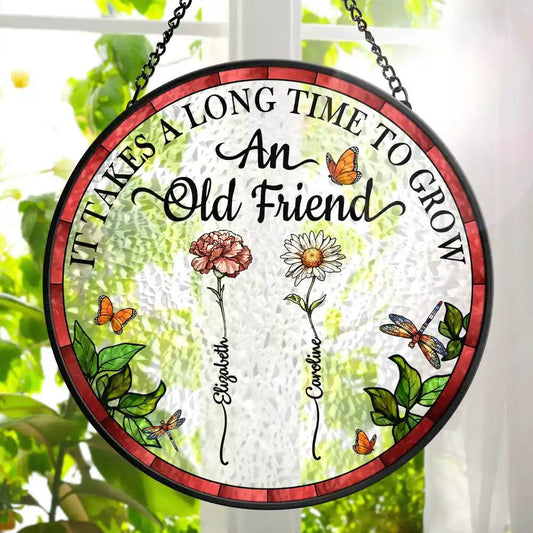 Birth Flower Grow An Old Friend - Personalized Stained Glass Window Hanging Suncatcher - WePrint