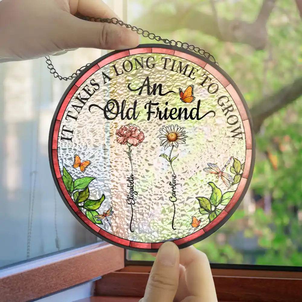 Birth Flower Grow An Old Friend - Personalized Stained Glass Window Hanging Suncatcher - WePrint