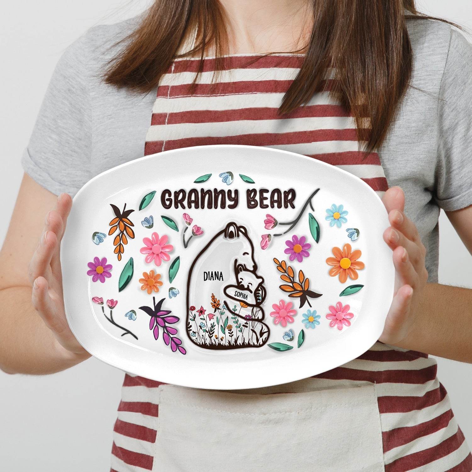 Mama Bear Floral Style - Birthday, Loving Gift For Mom, Mother, Grandma, Grandmother - 3D Inflated Effect Printed Personalized Plate - WePrint