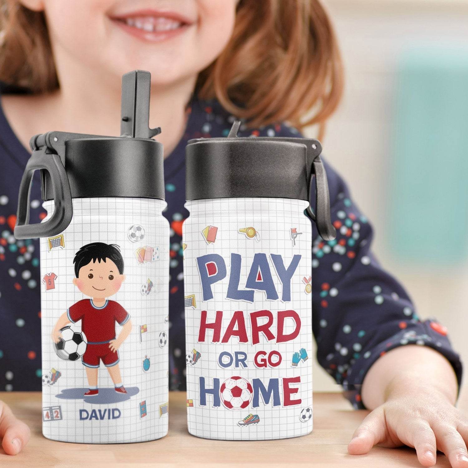 Ice Soccer Play Hard Or Go Home - Personalized Kids Water Bottle With Straw Lid - WePrint