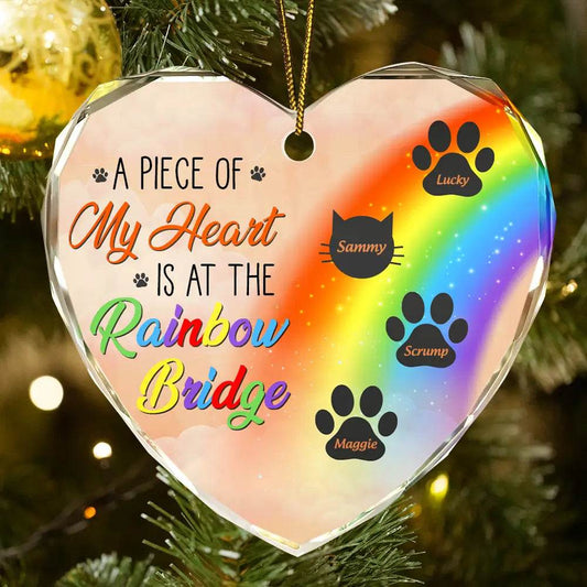 Memorial Dog Cat A Piece Of My Heart Is At The Rainbow Bridge - Personalized Heart Shaped Glass Ornament - WePrint