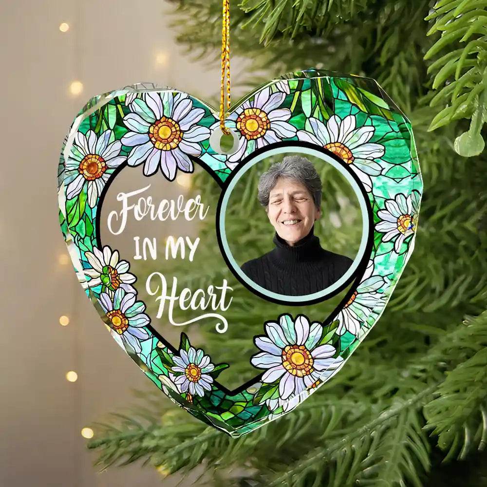 Custom Photo Floral Forever In Our Hearts - Personalized Heart Shaped Glass Ornament - WePrint