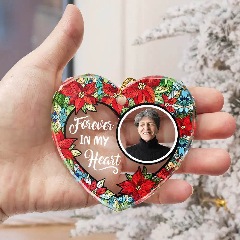 Custom Photo Floral Forever In Our Hearts - Personalized Heart Shaped Glass Ornament - WePrint