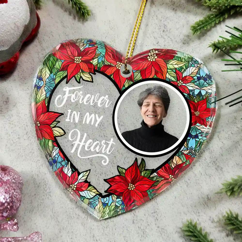 Custom Photo Floral Forever In Our Hearts - Personalized Heart Shaped Glass Ornament - WePrint