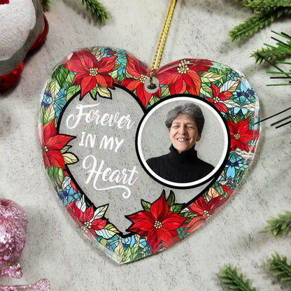 Custom Photo Floral Forever In Our Hearts - Personalized Heart Shaped Glass Ornament - WePrint