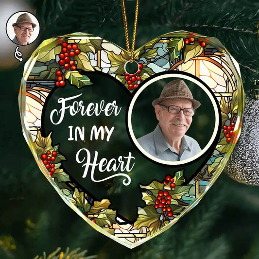 Custom Photo Floral Forever In Our Hearts - Personalized Heart Shaped Glass Ornament - WePrint